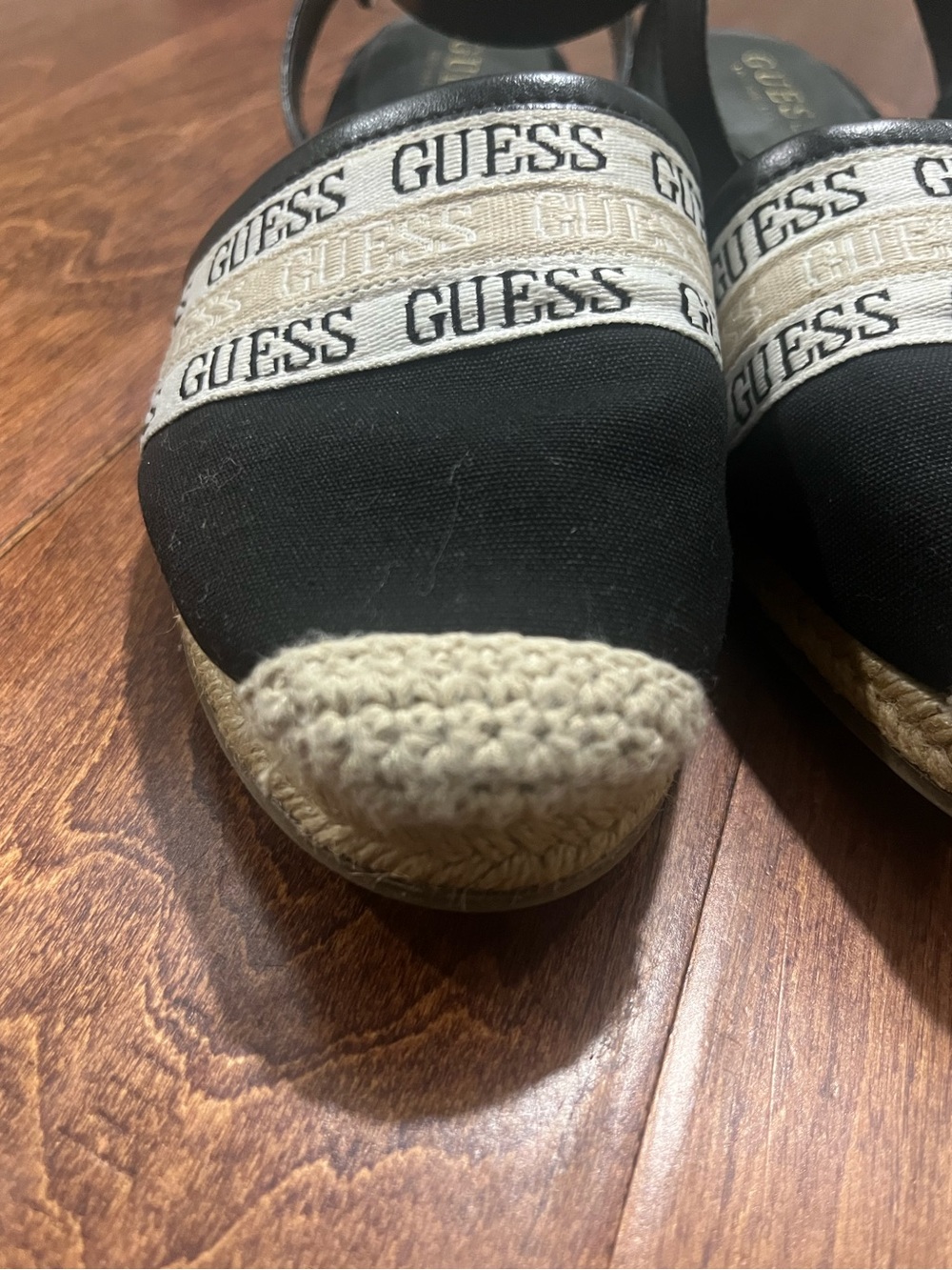 GUESS Black Espadrille Ankle-Strap Wedges with Logo Banding - Picture 8 of 12